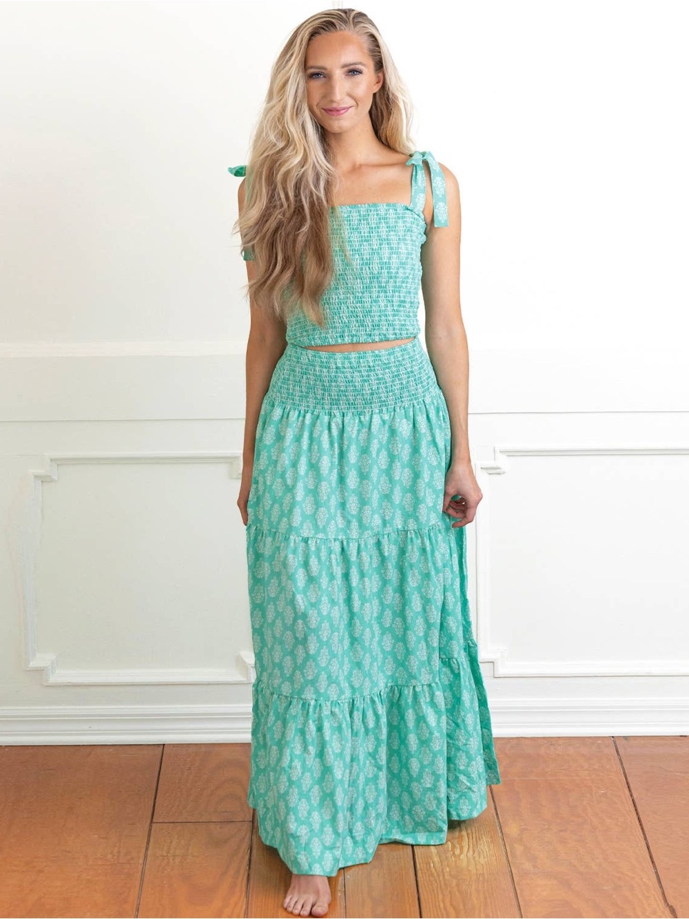 8 Oak Lane Green Block Print Smocked Tie Top & Skirt Set Size Large Boho Maxi